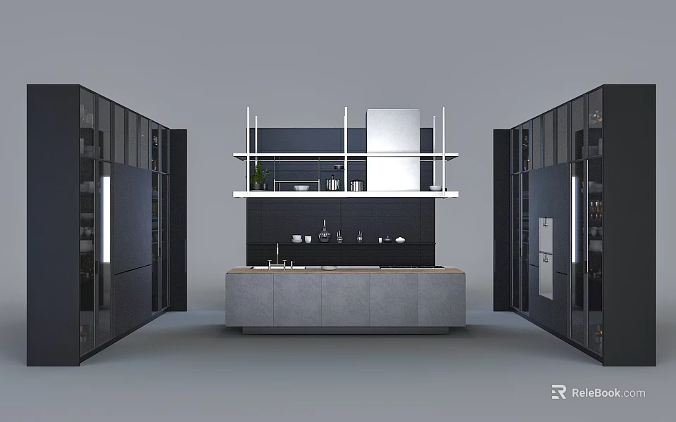 Modern Black Wine Cabinet Design In Open Kitchen With Central Island 3d model 