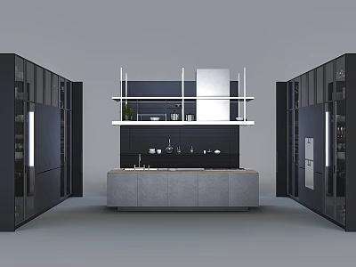 Modern Black Wine Cabinet Design In Open Kitchen With Central Island 3d model