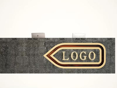 Gray Textured Reception Desk With Wooden And Gold Border Logo And Two Tablets On Sides 3d model
