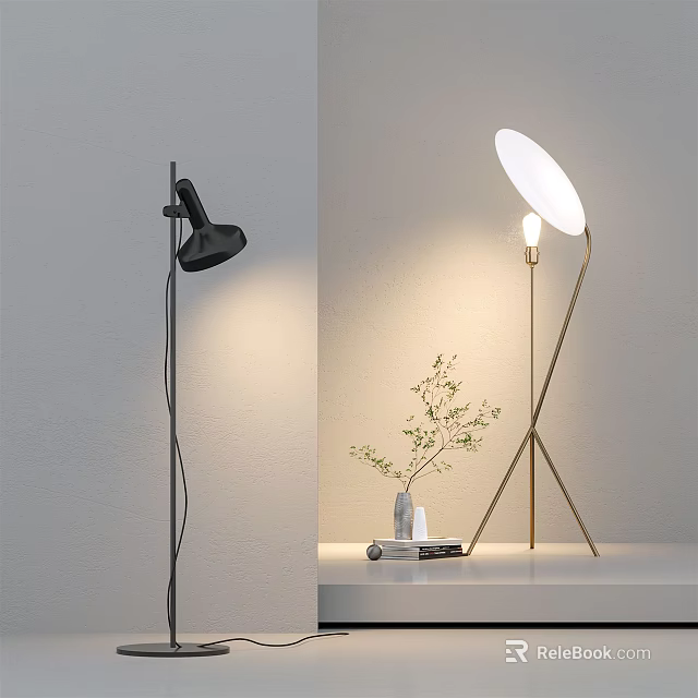 Modern Black and Gold Floor Lamp with White Shade Small Plant Near Light Wall 3d model 