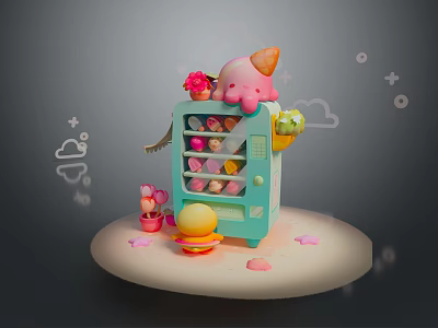 Colorful Snacks in Light Blue Vending Machine with Pink Ice Cream Decoration and Small Cakes 3d model