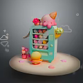 Colorful Snacks in Light Blue Vending Machine with Pink Ice Cream Decoration and Small Cakes