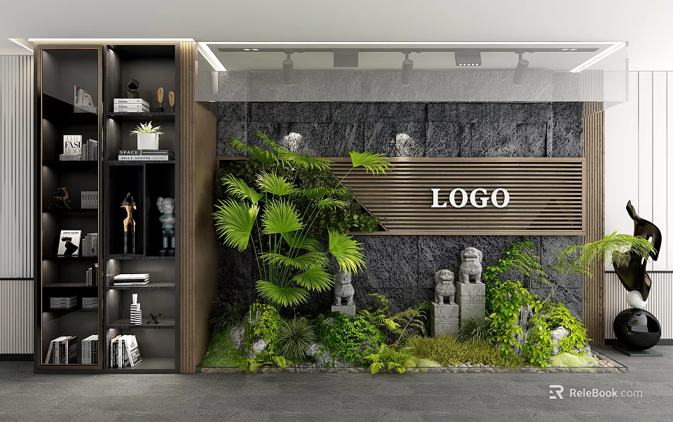 Garden Decor with Green Plants Palm Leaves Stone Statues and Modern Wall Background 3d model 
