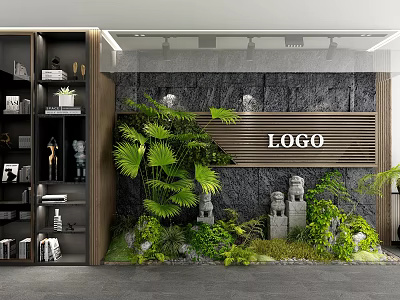Garden Decor with Green Plants Palm Leaves Stone Statues and Modern Wall Background 3d model