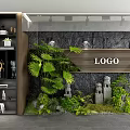 Garden Decor with Green Plants Palm Leaves Stone Statues and Modern Wall Background