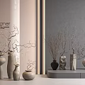 Ceramic Vessels Of Different Shapes Colors With Decorative Dry Branches On Gray Countertop Gray Wall