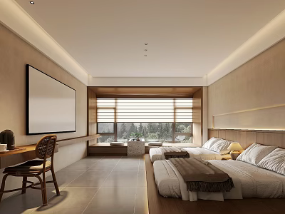 Modern Hotel Room With Double Beds Desk Chair And Green View Through Blinds 3d model