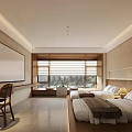 Modern Hotel Room With Double Beds Desk Chair And Green View Through Blinds