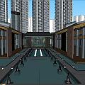 Modern High Rise Residential Building With Glass Curtain Wall Entrance And Central Water Pool
