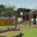 Outdoor Children's Play Area With Trees Wooden Logs And Slide Structures