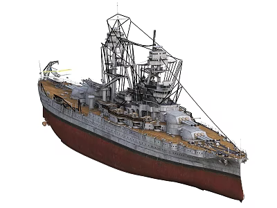 Vintage Battleship Featuring Gray Hull Red Bottom Deck Turrets And Mast Structure 3d model