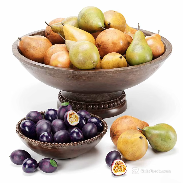 Colorful Fresh Fruits Including Pears And Passion Fruits In Wooden Bowls 3d model 