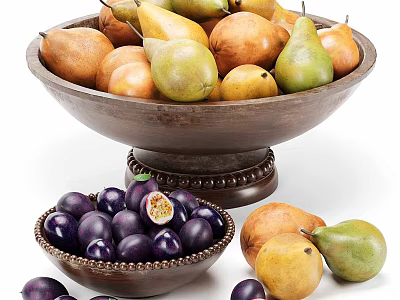 Colorful Fresh Fruits Including Pears And Passion Fruits In Wooden Bowls 3d model