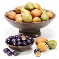 Colorful Fresh Fruits Including Pears And Passion Fruits In Wooden Bowls