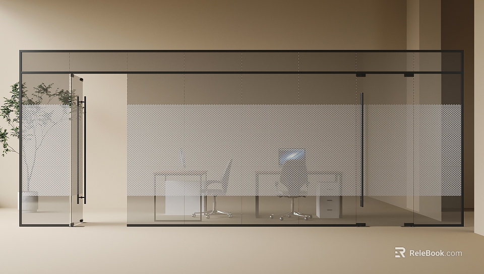 Modern Office Glass Partition Featuring Transparent Perforated Design and Work Desks with Chairs 3d model 