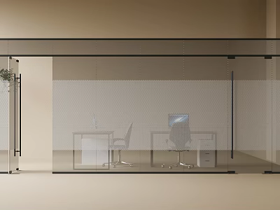 Modern Office Glass Partition Featuring Transparent Perforated Design and Work Desks with Chairs 3d model
