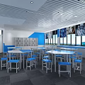 School Learning Space With Blue White Tables Stools Bookshelves And Bright Windows 3d model