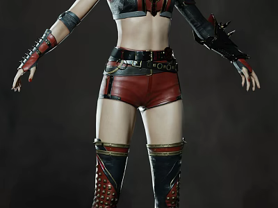 Fierce Female Character In Black Red Leather Outfit With Creature Inspired Armor And Spiked Details 3d model