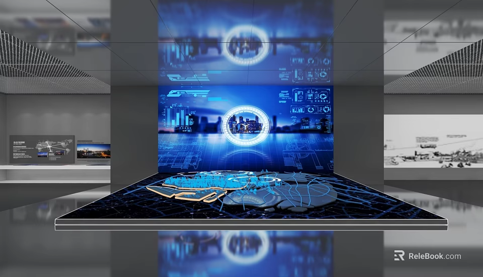 Modern Tech Exhibition Hall With Large Screen City Night View Circular Patterns And Floor Projection 3d model 