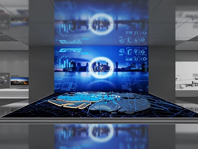 Modern Tech Exhibition Hall With Large Screen City Night View Circular Patterns And Floor Projection 3d model