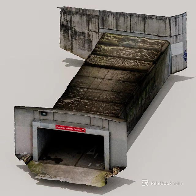Concrete Passage Structure With Sloped Mossy Roof Red Warning Sign And Entrance 3d model 