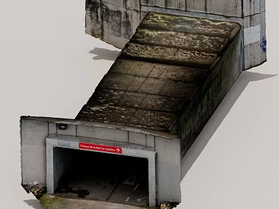 Concrete Passage Structure With Sloped Mossy Roof Red Warning Sign And Entrance 3d model