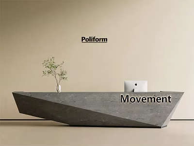 Modern Reception Desk Design with Gray Countertop Vase Green Plant and Computer Monitor 3d model