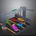 Modern Traffic Scene With Colorful Cars On Road And Metal Bridge Structure