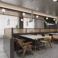 Elegant Modern Restaurant Interior With Marble Counter Wooden Tables Large Windows And Chandeliers