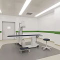 Hospital Outpatient CT Room With Modern Medical Equipment Examination Table White Walls And Green Stripes
