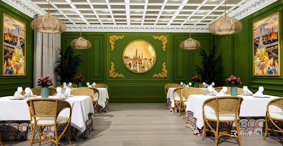 Elegant Restaurant Interior With Green Walls Golden Accents Circular Mural Woven Pendant Lights Rattan Chairs 3d model 