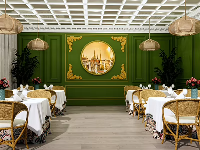 Elegant Restaurant Interior With Green Walls Golden Accents Circular Mural Woven Pendant Lights Rattan Chairs 3d model