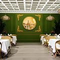 Elegant Restaurant Interior With Green Walls Golden Accents Circular Mural Woven Pendant Lights Rattan Chairs