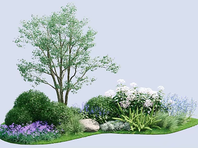 Shrubs in Garden Landscape with Tree White Purple Flowers Stone and Grass 3d model
