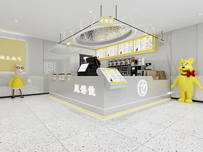 Bright Modern Milk Tea Shop Interior With White Counter Menu Display And Yellow Cartoon Characters 3d model