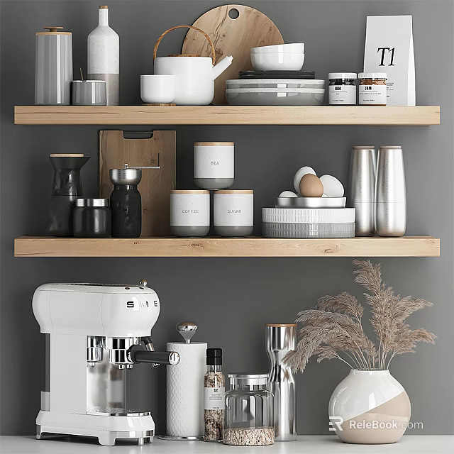 Stylish Kitchenware Display On Wooden Shelves With Coffee Machine Jars Pots Eggs And Plates 3d model 