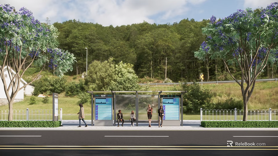 Bus Station With Waiting Shelter Information Board Green Trees And People Waiting 3d model 