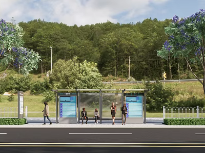 Bus Station With Waiting Shelter Information Board Green Trees And People Waiting 3d model