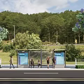 Bus Station With Waiting Shelter Information Board Green Trees And People Waiting