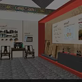 Cultural Museum Interior Featuring Exhibition Boards Display Cabinets And Traditional Artifacts On Stone Tile Floor