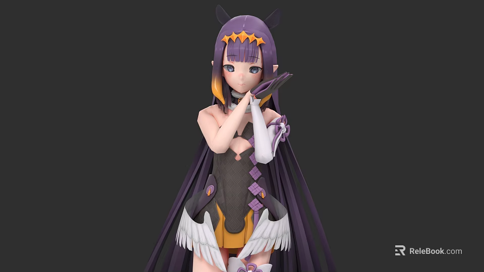 Woman In Purple Yellow Decorated Outfit With Purple Long Hair Hands On Chest Wing Decorations 3d model 