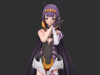 Woman In Purple Yellow Decorated Outfit With Purple Long Hair Hands On Chest Wing Decorations 3d model