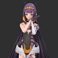 Woman In Purple Yellow Decorated Outfit With Purple Long Hair Hands On Chest Wing Decorations