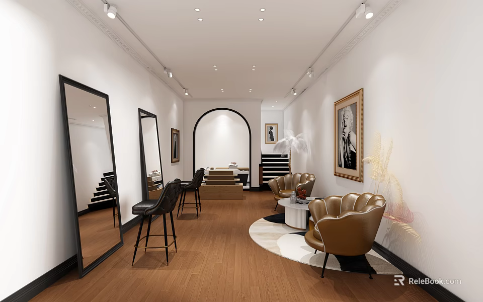 Elegant Beauty Salon Interior With Mirrors Chairs Soft Lighting And Wooden Flooring 3d model 