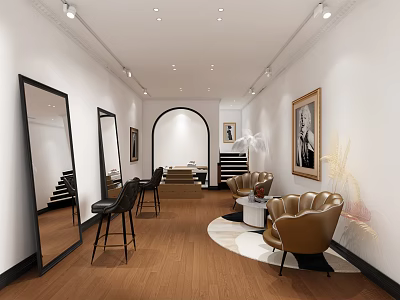 Elegant Beauty Salon Interior With Mirrors Chairs Soft Lighting And Wooden Flooring 3d model