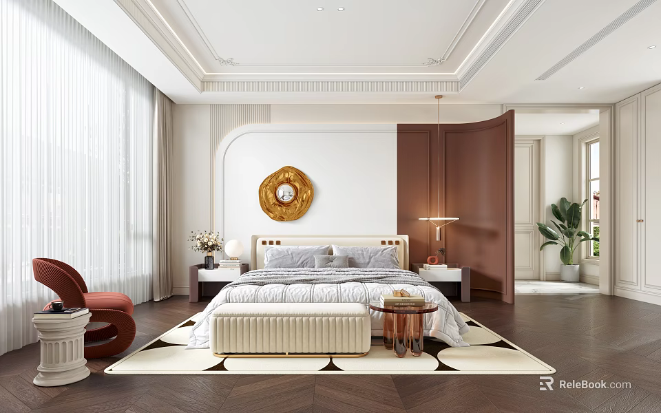 Elegant Bedroom Interior With Large Bed Round Gold Wall Decor Side Tables Armchair And Area Rug 3d model 