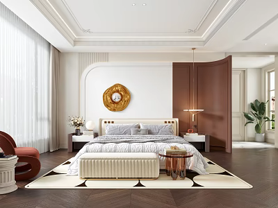 Elegant Bedroom Interior With Large Bed Round Gold Wall Decor Side Tables Armchair And Area Rug 3d model