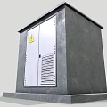 Industrial Metal Enclosure With Grey Double Doors Yellow Warning Sign Ventilation Louvers And Concrete Base