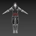 Medieval Hooded Man In Black Armored Outfit With Red Belt And Outstretched Arms