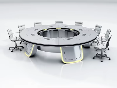 Modern Round Conference Table with LED Strip Lighting and Surrounding Office Chairs 3d model